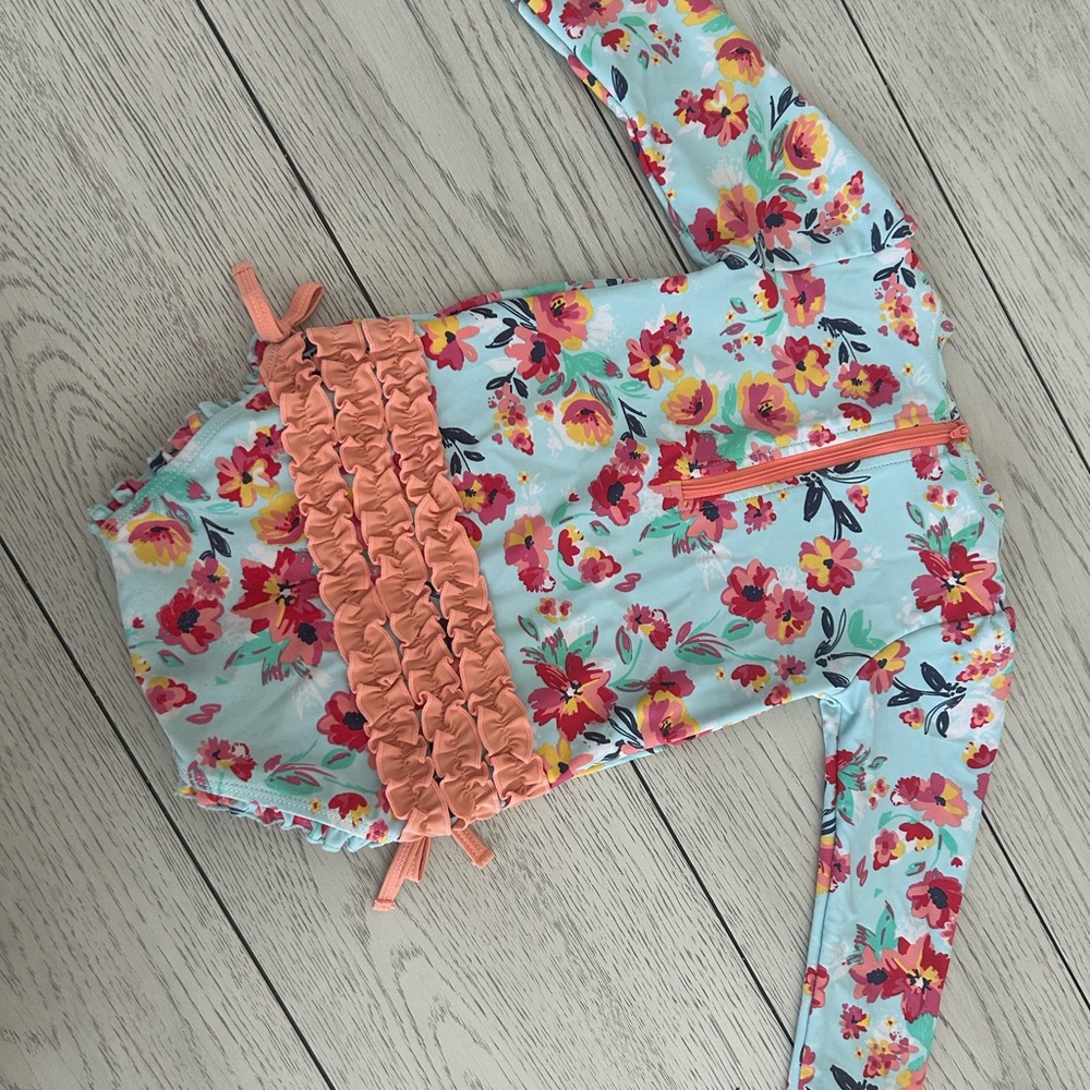 RuffleButts Floral Long Sleeve Swimsuit with Ruffle Detail
